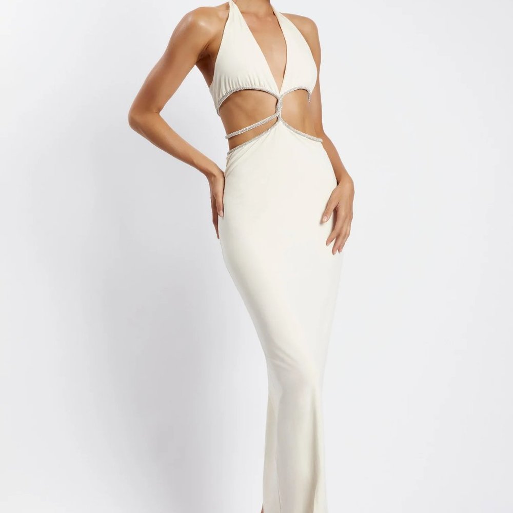 Nicha Diamante Cut Out Midi Dress - Bone